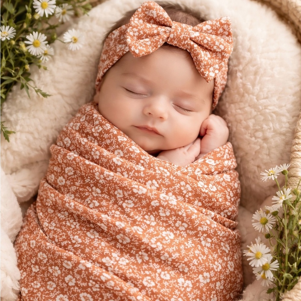 Custom Made Baby Swaddle & Bow Headband Set, floral swaddle baby blanket set